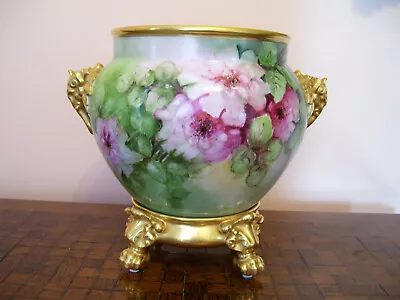 Small Limoges Elephant Handle Jardiniere; Hand Painted Pink Roses • $495