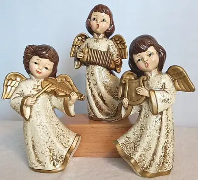 Set Of 3 Vintage MCM Musician Angels Paper Mache Made In Japan Brown Hair 8  • $19.99