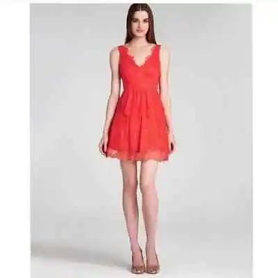 BCBG MAX AZRIA $398 Willa Red Lace Tiered Lined A-Line Mini Dress Size Medium • $42.49