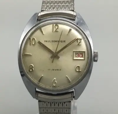 Vintage Paul Dominique Watch Men 34mm Silver Tone Date Stretch Band Manual Wind • $59.49