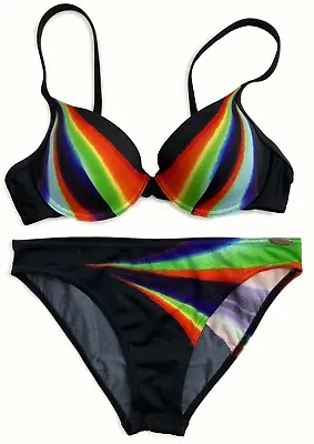 Sunflair Multicolour Rainbow Neon Black Bikini Top 36A Or 34B Bottoms Briefs 34 • £18