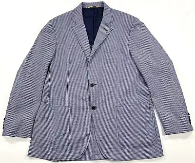 Canali Kei Jacket Sport Coat Seersucker Cotton Blue Check Size 56R EU 42R US • $129.99