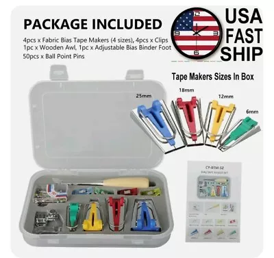 $8.78 • Buy 60PCS Bias Tape Maker Kit Set Fabric Sewing Quilting Awl & Binder Foot Case Tool