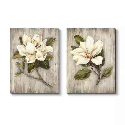 White Flower Magnolia Canvas Wall Art: Blossom Floral Artwork Over Wood Backg... • $59.66