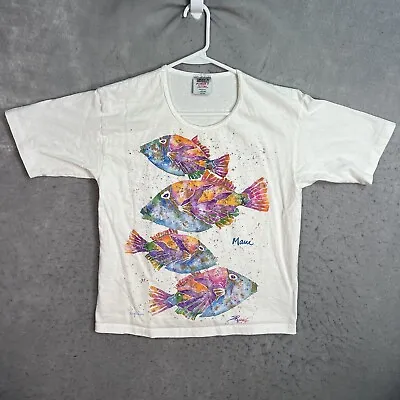 Vintage 90s Maui Hawaii Fish Colorful T Shirt Womens Large White Made In USA • $14.99