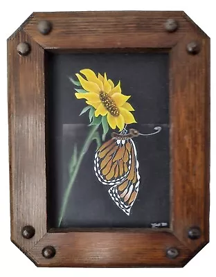 Vintage 1980 Monarch Butterfly Sunflower Hand Painted Framed NO GLASS • $15