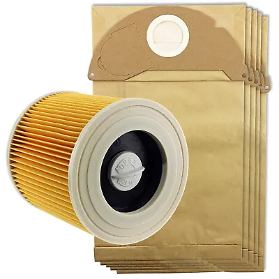 KARCHER Vacuum Cleaner Filter Wet & Dry + 5 Pk Dust Bags A2204 A2234PT A2534 • £12.79