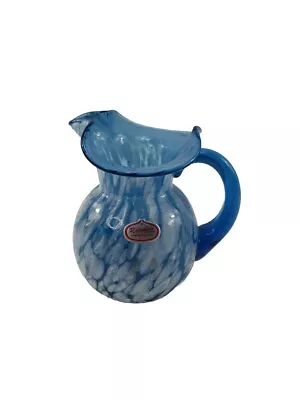 Vintage Hand Blown Ruffled Swirl Blue White Speckled Art Glass Pitcher Vase  • $18.40