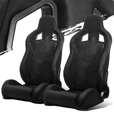 Black PVC Leather Left/Right Reclinable Elite Style Racing Car Seats + Slider • $301.38