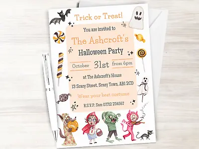 Halloween PERSONALISED Invitations Kids Trick Or Treat Invites Fancy Dress Party • £5.45