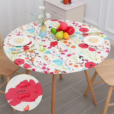 Round Fitted Tablecloth With Elastic Edge 100% Waterproof Oil Proof Plastic Tab • $16.24