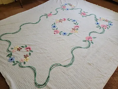 Vtg Cotton Chenille Bedspread Flower Ring Pink Blue Floral 90x100 Green Ribbon • $48