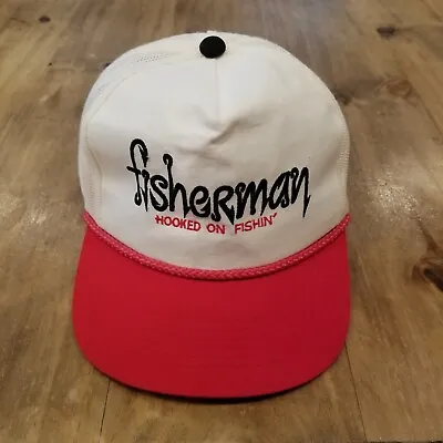 Vintage Fisherman Hooked On Fishing Hat Cap Snap Back Youngan White Red Rope • $7.15