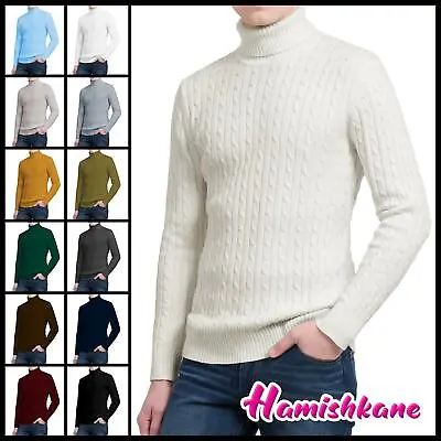 Mens High Roll Neck Jumper Cable Knitted Warm Casual Winter Sweater Pullover • £20.30