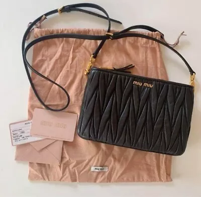 Miu Miu Matelasse Shoulder Bag Crossbody Black Gold Hardware Logo From Japan • $424
