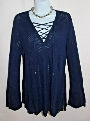 $22.95 • Buy WHITE HOUSE BLACK MARKET Navy Blue Fine Crochet Tunic Top Lace-Up V-Neck Size M 