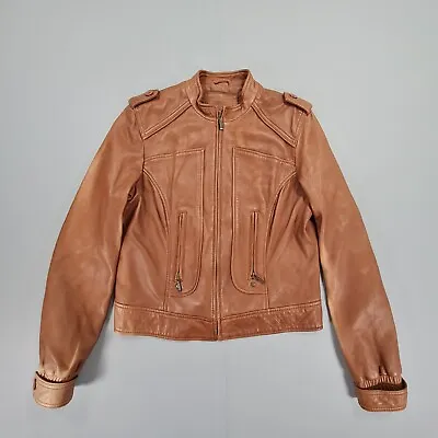 Autograph Marks & Spencer Womens Leather Jacket Tan Brown Medium Full Zip • £29.99