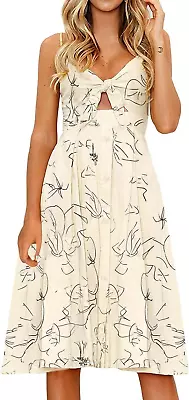 FANCYINN Womens Tie Front Button Down A-Line Dresses Summer Spaghetti Strap Midi • $54.95