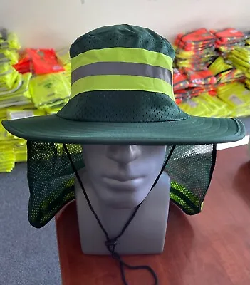 Hi Vis Reflective Work Safety Neck Flap Boonie Hat Green  Bucket Cap • $6.99