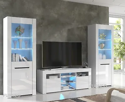 TV Unit White High Gloss &Matt Living Room Set Stand Display Cabinets LED Lights • £189.90