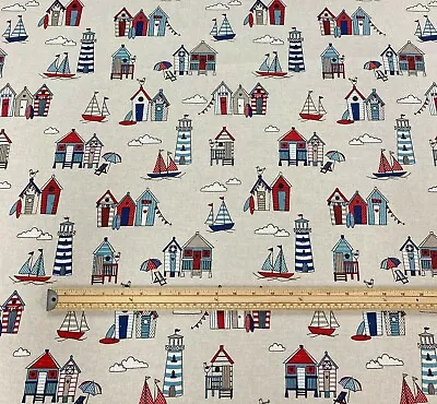 Linen Look Fabric Nautical Theme Beach Huts Stars Stripe Cotton Rich Home Decor • £10.59