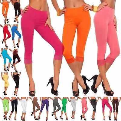 £2.49 • Buy Womens 3/4 Length Lace Trim Cropped Ladies Fitted Jog Trousers Jeggings Leggings