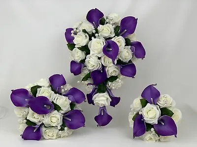 Wedding Bouquets Flowers Purple Rose Lillies Bride Bridesmaid Buttonholes Wands  • £6