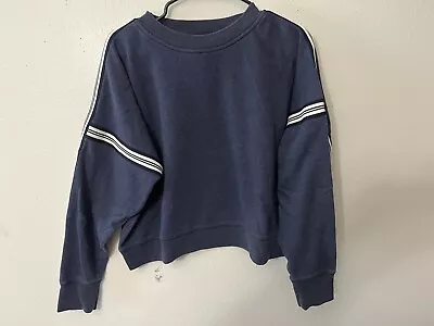 J. Crew Racing Stripes Crop Crewneck Sweatshirt Heathered Blue SZ Large • $21