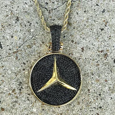 Lab Created Black Diamond Mercedes Pendant 3.2Ct Round Cut14K Yellow Gold Finish • $145.14