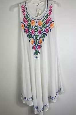 PAGODA White Midi Boho Dress Cover Up Moo Moo Peasant Embroidered One Size Gauzy • $22.99