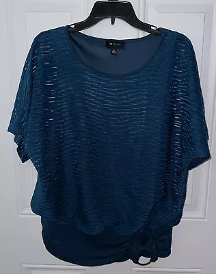 AB Studio Teal Green Blouse Top Women’s M Wavy Knit Short Sleeve Ruched • $7.99