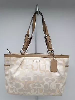 Coach Signature White/Tan Pleated Jacquard Canvas Tote Handbag Purse • $24.99