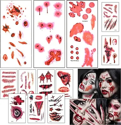 Halloween Zombie Bite Scars Temp Tattoos Fake Blood Cuts Wound Make-Up Tattoo UK • £4.49