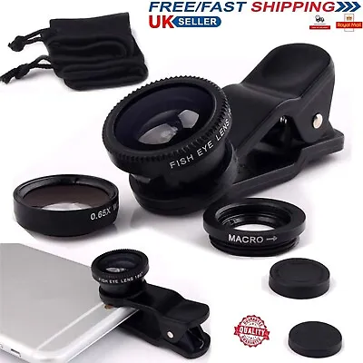 Professional Fisheye Macro Wide Angle Clip Mobile Phone Camera Zoom Lens Kit Set • £3.15