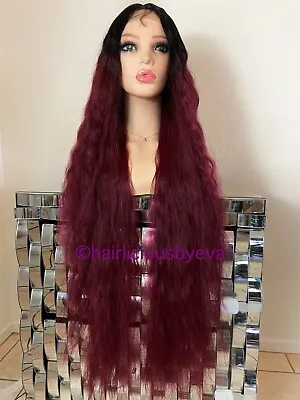 Red Burgundy Ombré Black Wig Wavy Extra Long 32 Inch Middle Part Heat Ok • $55