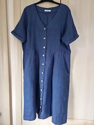 Woolovers Button Through Linen Midi Dress  Denim Blue  New Size 16  • £15