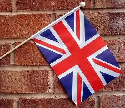 UNION JACK HAND WAVING FLAG Medium 9  X 6  Wooden Pole Polyester Flags BRITISH • £3.95