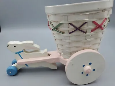 Vintage Wooden White Hand Painted Easter Bunny Pulling Cart Woven Basket 6  • $9.80