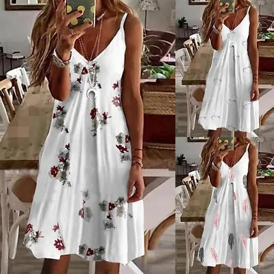 $14.49 • Buy Women Summer Beach Sundress Ladies Floral V Neck Strappy Cami Holiday Midi Dress