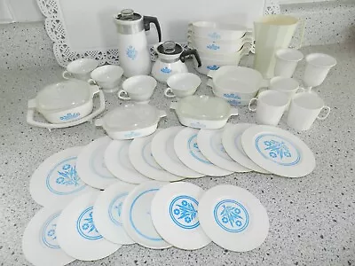 VTG CORNING CORNFLOWER Coffee Pot Casserole Lid Plates Child's Play Dishes 42pc • $38