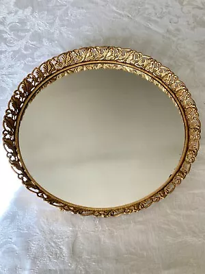 Vintage Hollywood Regency Gold Tone Filigree Round Footed Vanity Tray/Mirror • $34.99