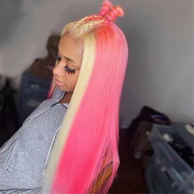 Long Straight Wigs Blonde Ombre Green Pink Orange Lace Front Wig Natural Looking • $34.82