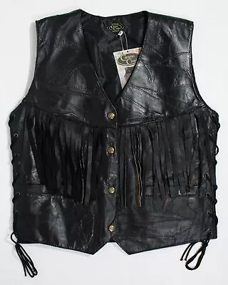 Nwt Men's Size M (40-48) Vintage Canyon Creek Black Leather Fringed Biker Vest • $45.99