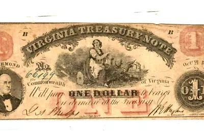 $1 'virginia Treasury Note  1800's(red Overprint) $1  Virginia Treasury  Nice!!! • $9.45
