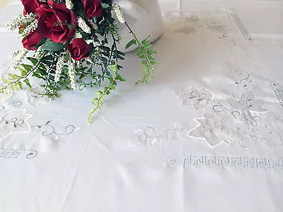 Vintage Embroidered White Leaf Tablecloth 80  Square Good For 6-8 Seats • $49.79