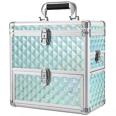 Makeup Train Case - Professional Lockable Cosmetic Box With Drawer Mirror BLUE • $57.99