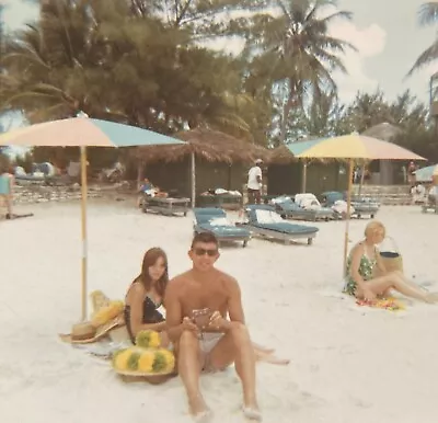 Vintage 1960s Photo Shirtless Man Young Woman Couple Beach Umbrellas • $8