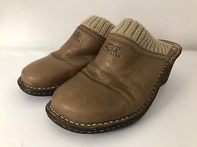 UGG Gael 1937 Sz 7 EU 38 Leather Womens Mule Wedge Chestnut W/ Knit Cuff Edge • $25