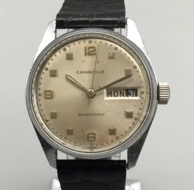 $89.99 • Buy Vintage Bulova Caravelle Watch Men Silver Tone Day Date Leather Manual Wind 1967