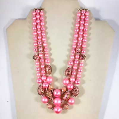 Vintage Japan Multi Strand Collar Necklace~ PINK BEADS • $12